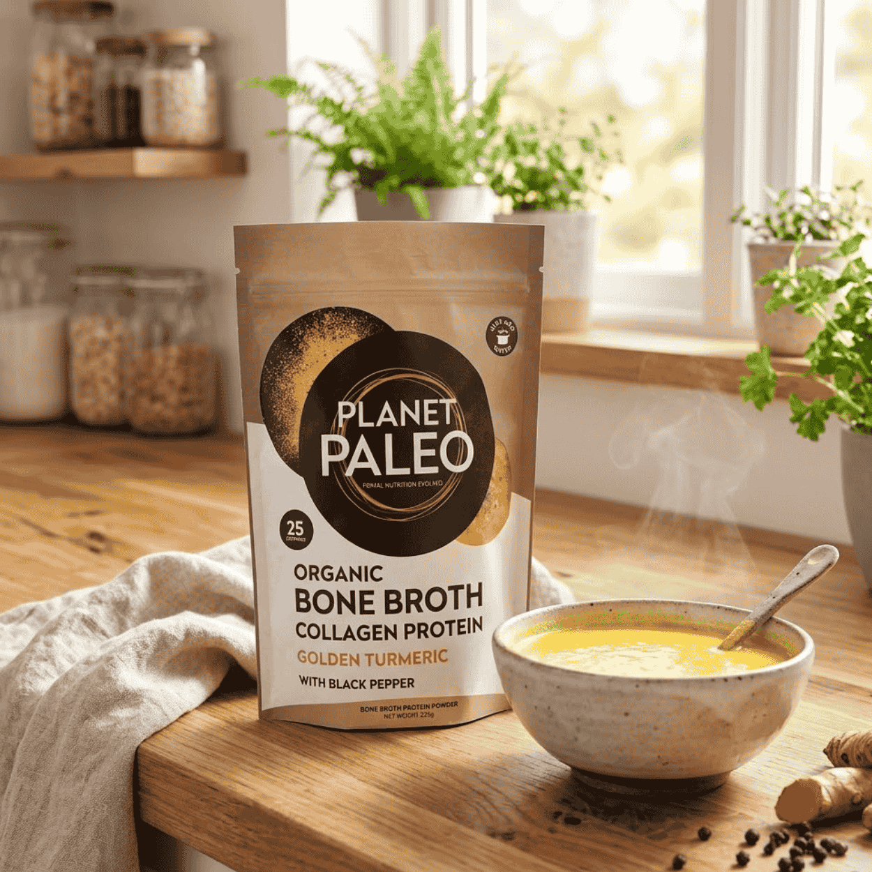 Balení hovězího kostního vývaru Planet Paleo Zlatá kurkuma vedle hrnku zlatavého vývaru, kurkumy a koření.